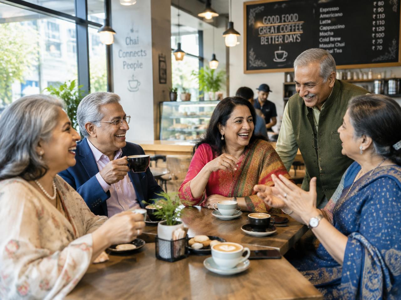 Illustration of older adults enjoying a group conversation over chai