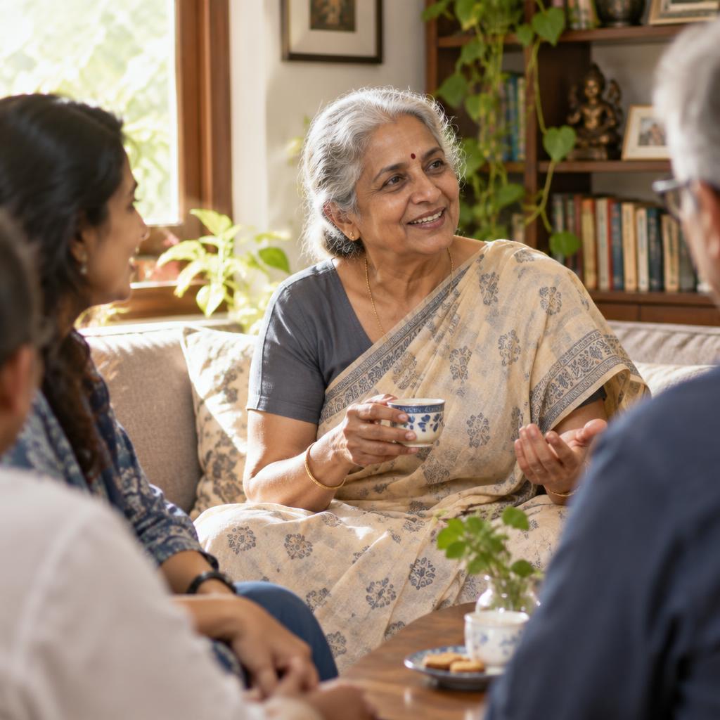 Illustration of an older adult sharing her perspective in a group discussion